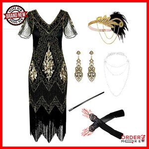 Plus Size Sequin Flapper Dress with Fringe Tassels and Accessories